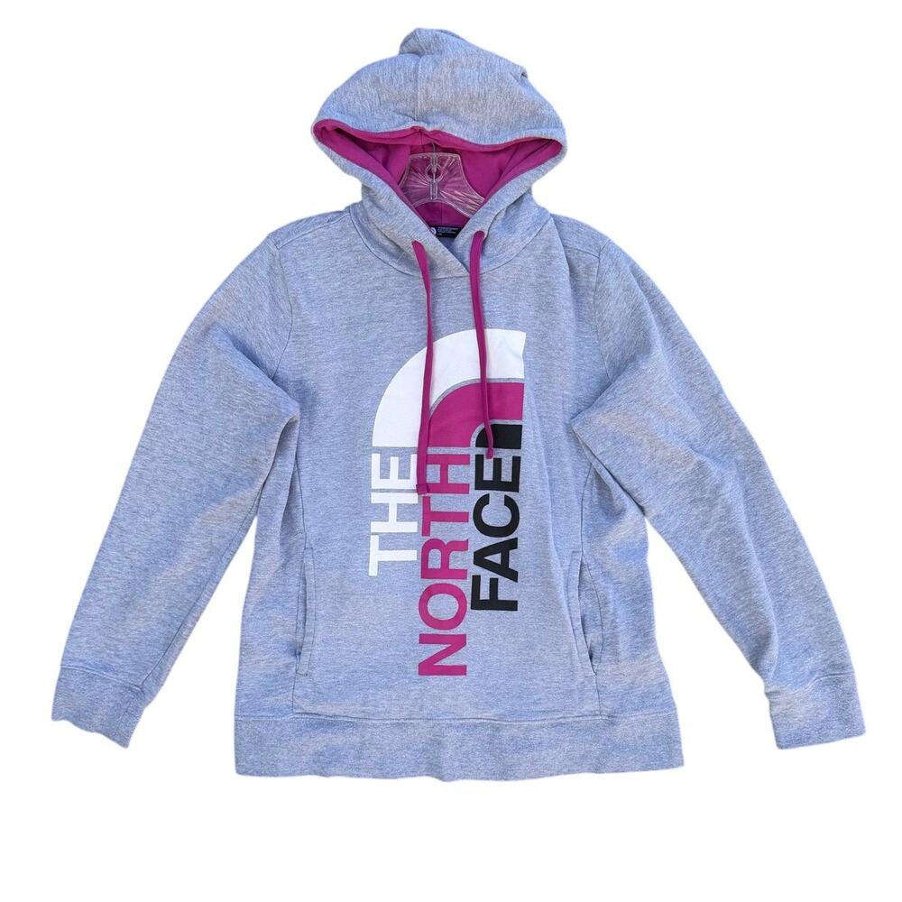 The North Face Hoodie Womens Large Gray Pink Logo Pullover Sweatshirt